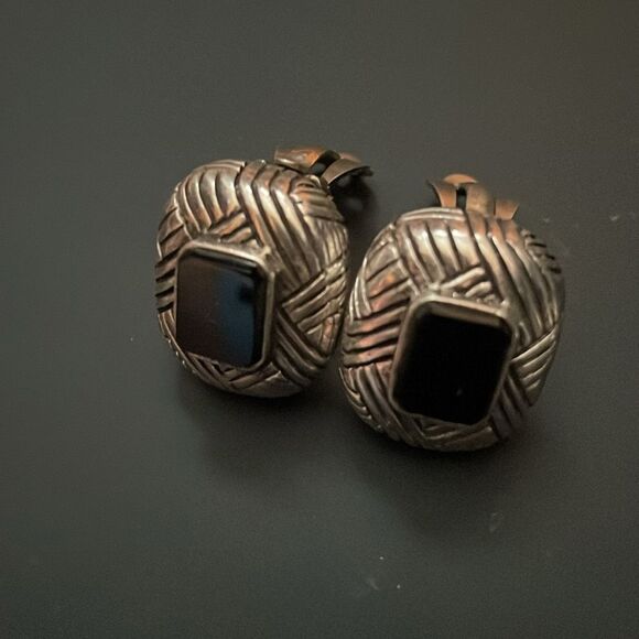 Vintage black onyx 925 Sterling Silver rectangular clip-on earrings weave design - Picture 4 of 5